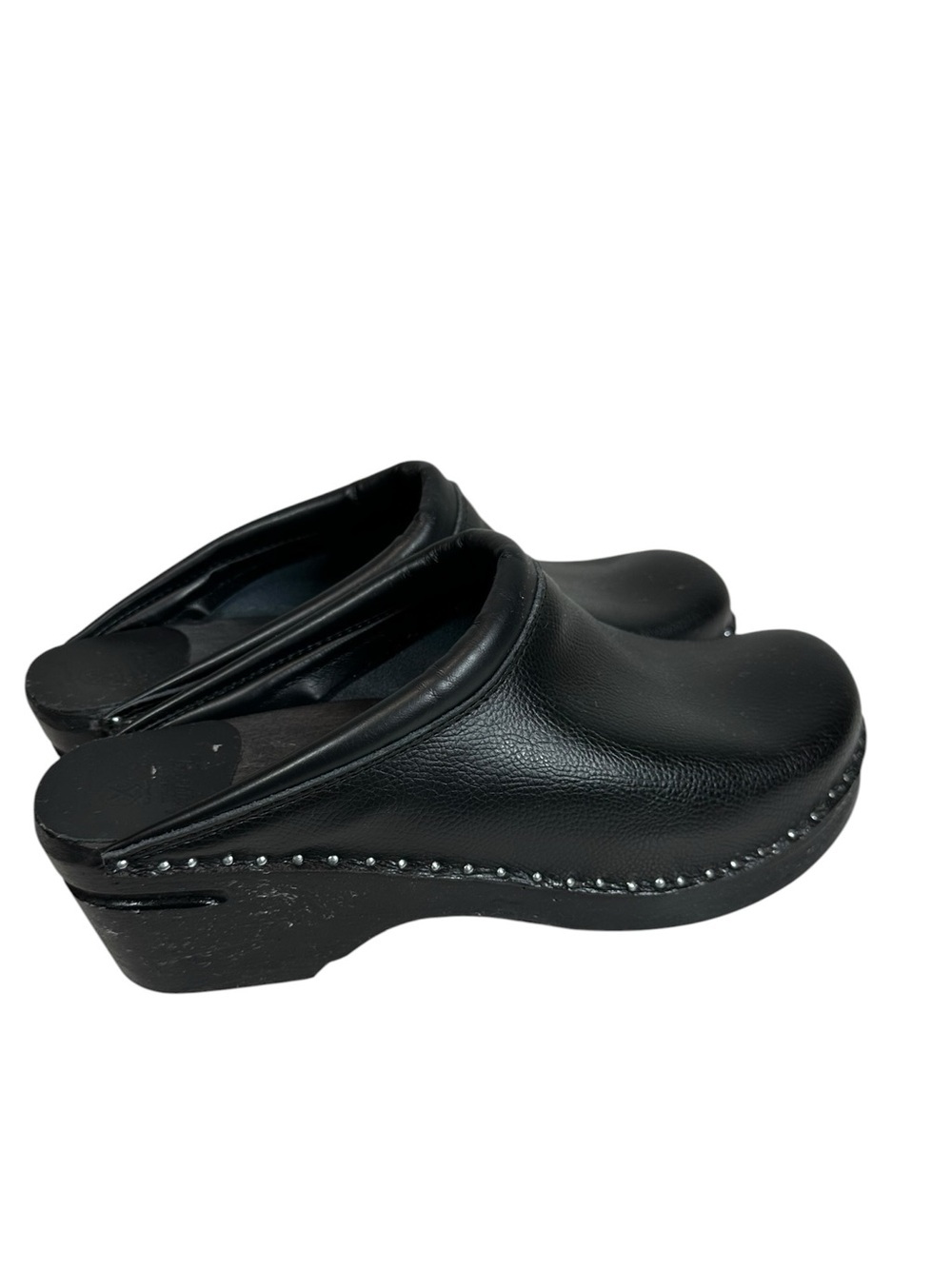 TROENTORP Swedish Women's 43 Black Smooth Leather Clogs with Silver Stud Detail